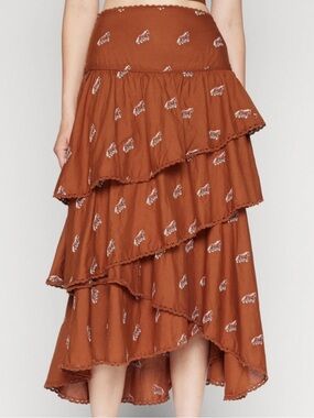 FARM Rio Embroidered Rust Brown Tiered Layerrd  Maci Skirt